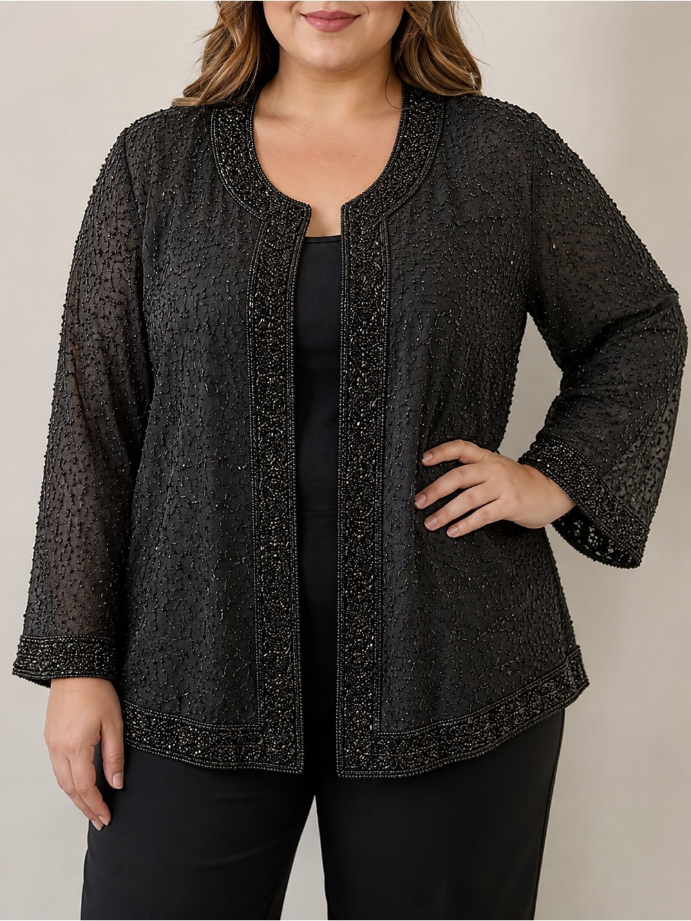 Laurence Kazar Black Beaded Open-Front Jacket